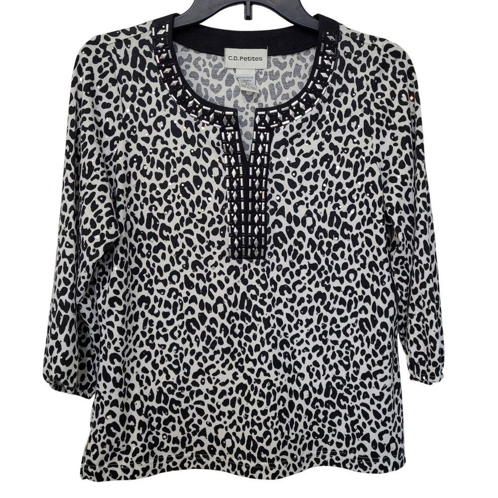 C.D. Petites Leopard Print Studded Sequin Top Womens PS Black White Animal Print